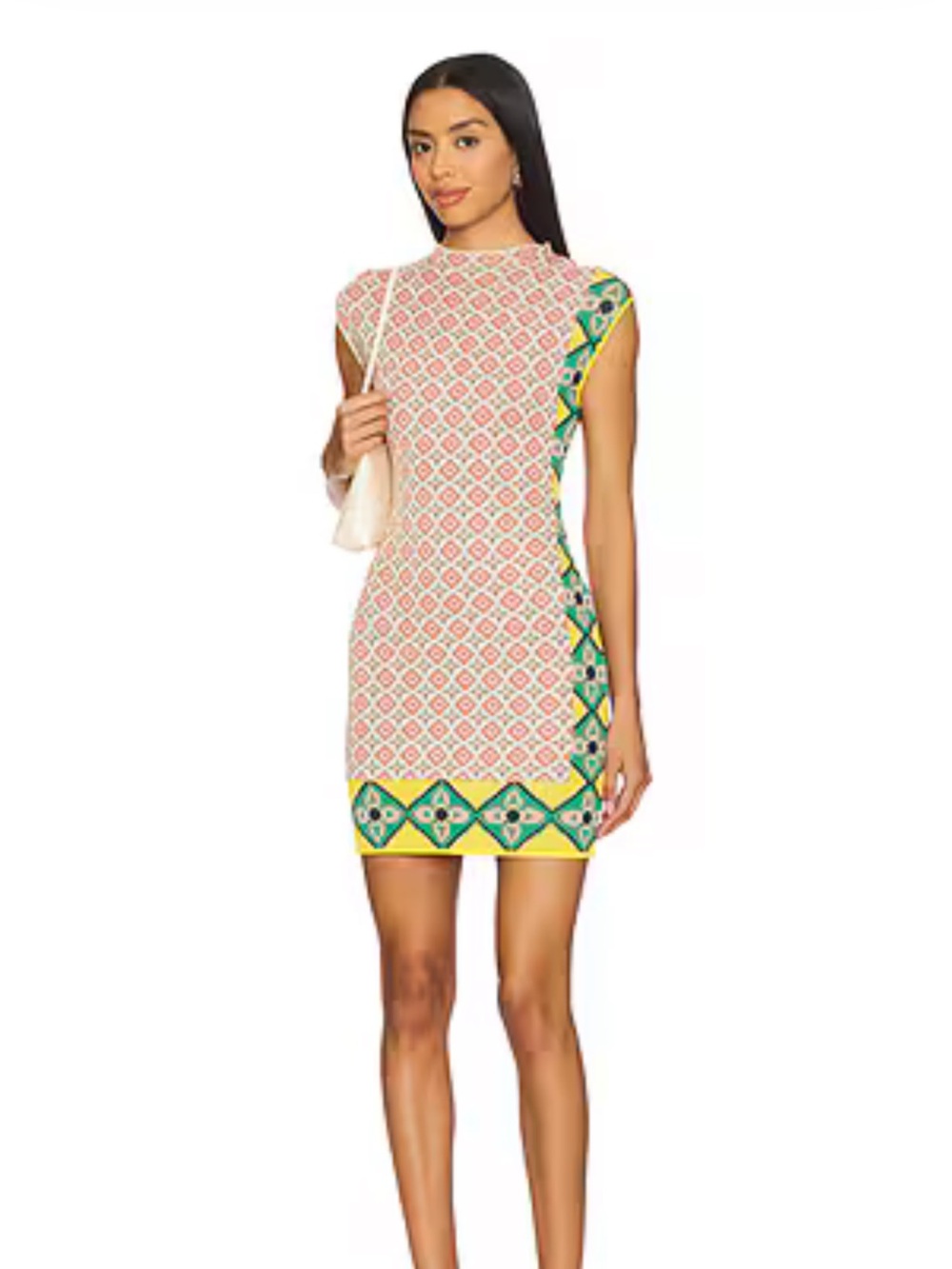 Misa Los Angeles Pink Geo-Print Cap Sleeve Mini Dress with Yellow & Green Trim